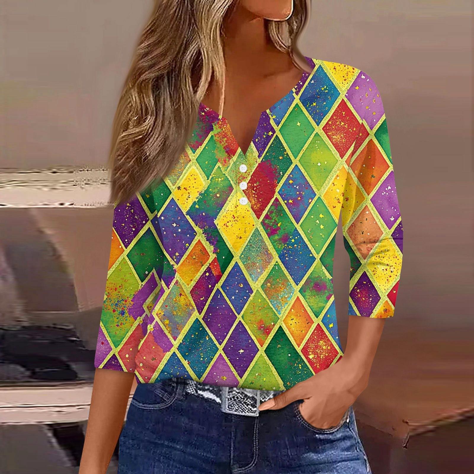 

Женская модная повседневная футболка с V-образным вырезом и рукавом семь четвертей, топ с карнавальным принтом и пуговицами L армия зеленый