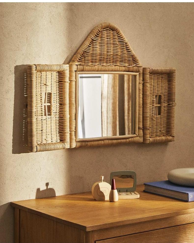 Rattan Hut Shaped Mirror with Souvenir Bedroom Wall Mounted Mirror