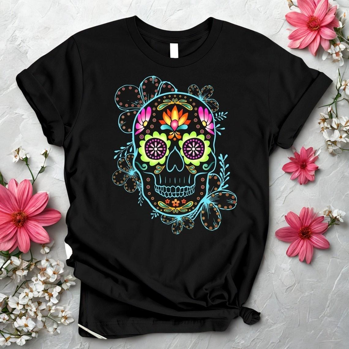Colorful Sugar Skull Floral Day of the Dead Neon Skull T-Shirt S