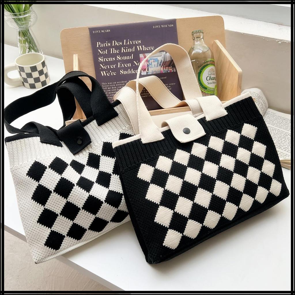 White Fang Women's Diamond Pattern Argyle Tote Bag, Beige, BA007