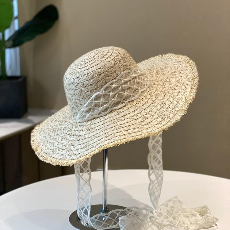

Lace straw breathable straw hat summer rough edge big brim sunshade sunscreen hat travel seaside beach hat 56-59CM