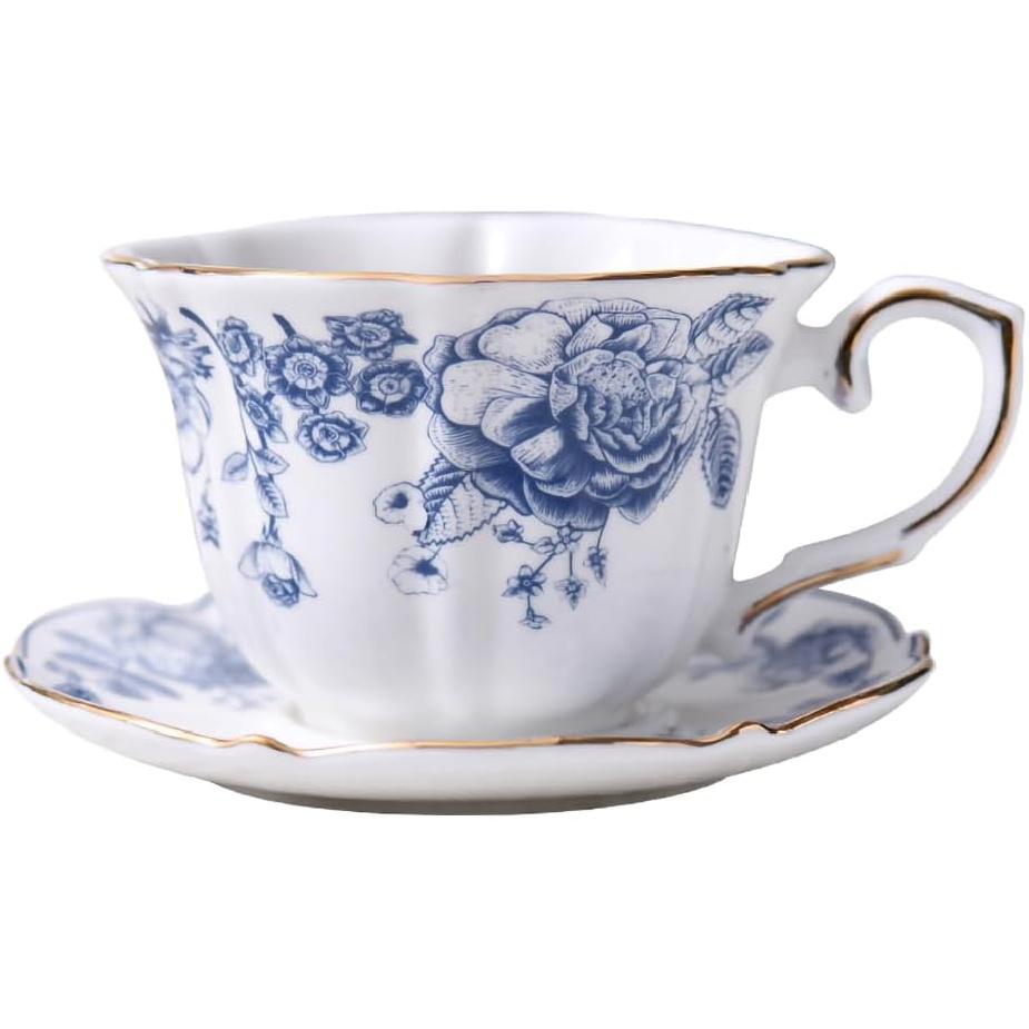WAIT FLY Vintage Blue and White Ceramic Coffee Mug Set with Saucer, Espresso Cup, Tea Cup, Breakfast Cup, Dessert Plate