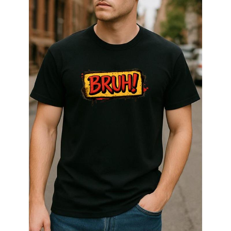 European sizes BRUH Graffiti-Style Print Men'S T-Shirt | Comfortable and Breathable Casual Sportswear with Round Neck and Regular Sleeves