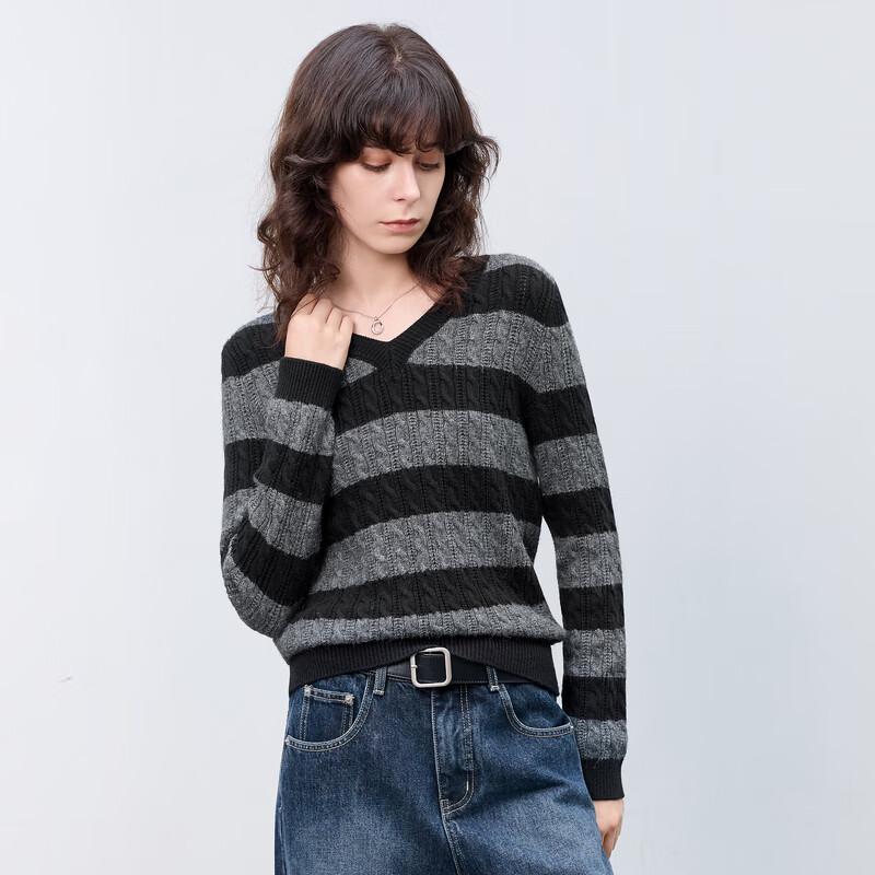 Women's Striped V-Neck Cable Knit Sweater