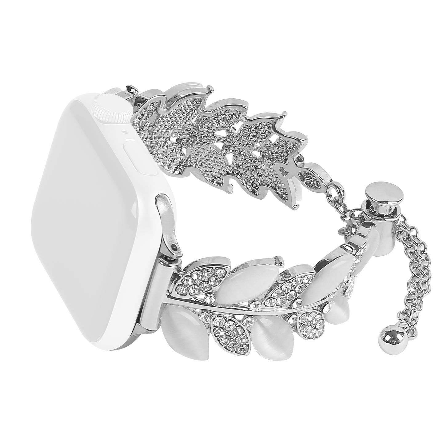 

Alloy Watch Band for Apple Watch Series 11 10 42mm/9 8 7 41mm/SE3 SE2 SE 6 5 4 40mm/3 2 1 38mm Leaf Style Rhinestone Decor Strap C