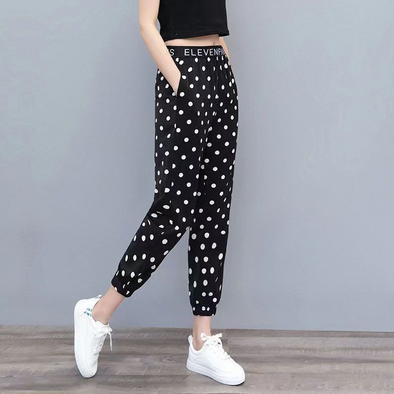 Jambiere de damă cu buline, pantaloni Harlan din șifon de vară, subțiri, cu talie înaltă, cu litere, talie elastică, pantaloni casual sport pentru slăbire