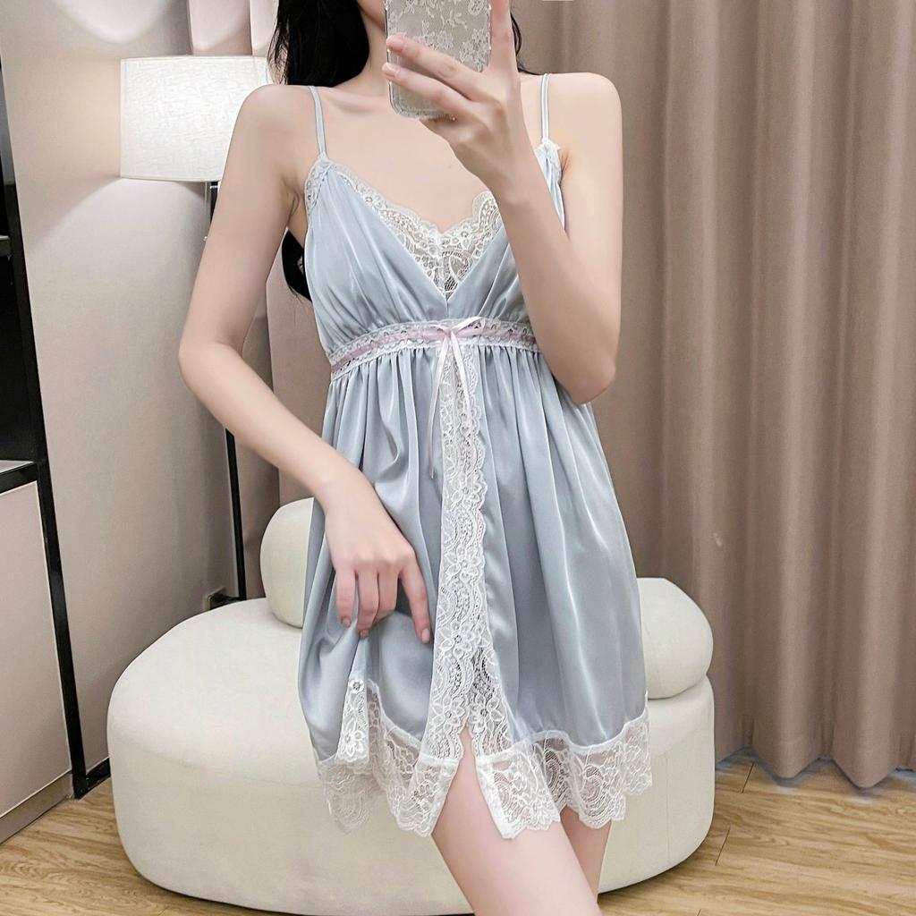 Women's Summer Halter Pajamas with Chest Pads, Lace Suspender Pajamas, Long-sleeved Two-piece Set, Sexy Pure Desire Ice and Snow Silk Loungewear