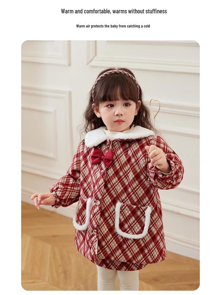 Girls' Red Woolen Jacket - Stylish Autumn/Winter Coat with Plus Velvet for Children