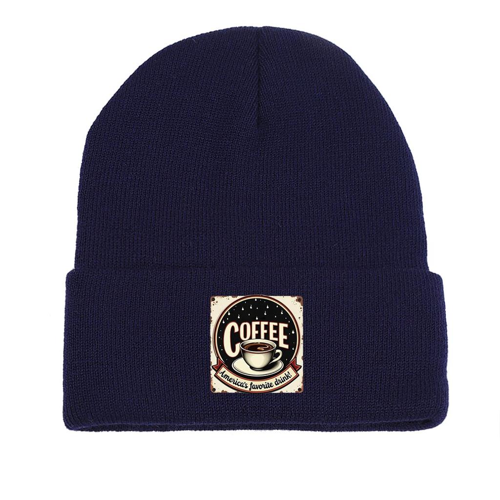 COFFEE Series Print Knitted Cap Beanie, Slouchy Leisure Knit Hat Beanie