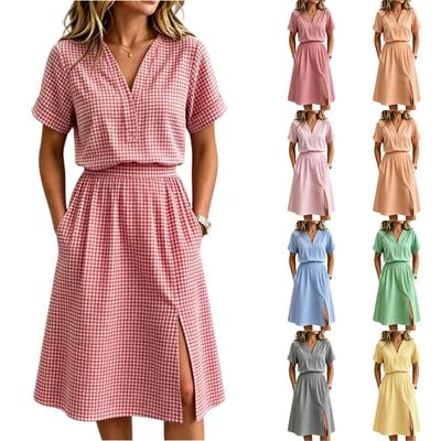 Women's Two Piece Set Short Sleeve Top with Pocket and Skirt with Side Slit Classic Checkered Pattern Lightweight Fabric