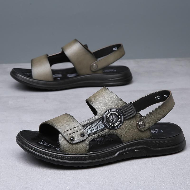 Fashion High End Brand Men's Leather Casual Shoes Lightweight Sandals Summer Beach Men's Beach Shoes Anti Slip Khaki Color Free Delivery