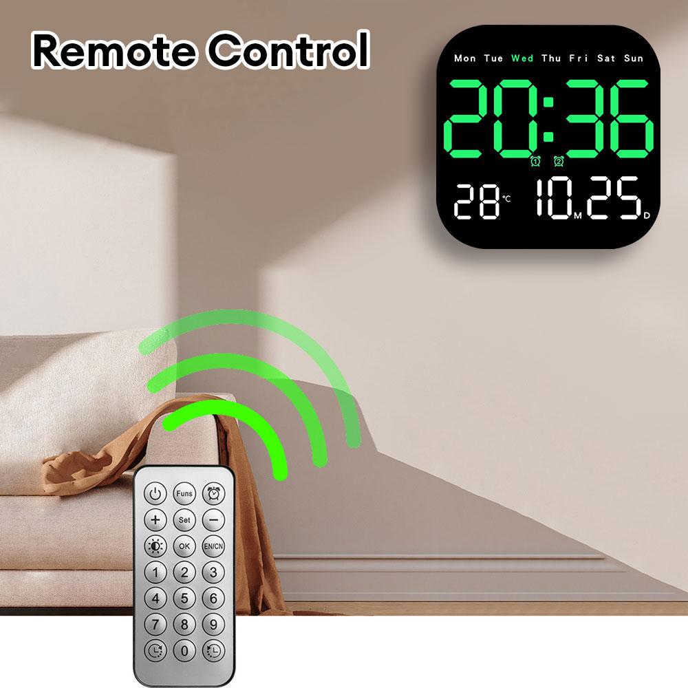Electronic Digital Wall Clocks Temperature Date Week Dispaly Table Clock 12/24H Wall-mounted LED Alarm Clock Remote Control