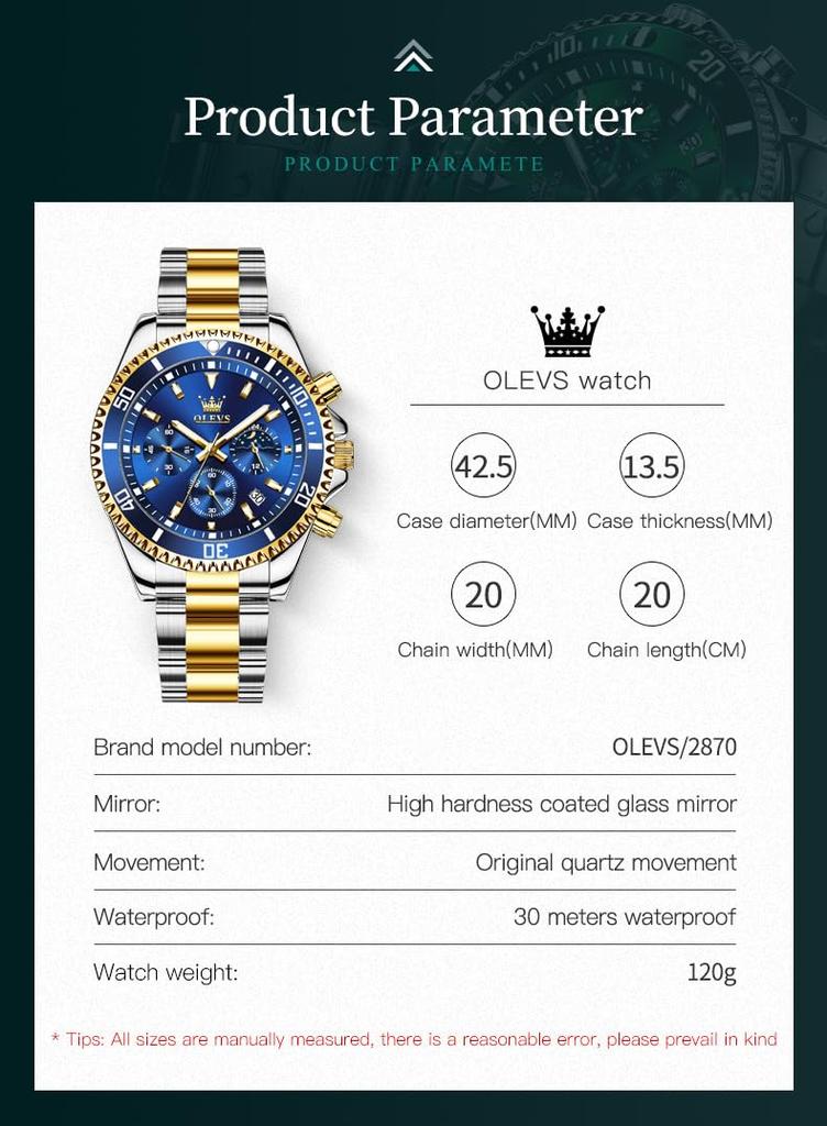 OLEVS Fashionable Business Popular Quartz Watch Waterproof Analog Watch Date Metal Band Casual Easy to Read Fashion Arm Watch Blue Dial Stainless