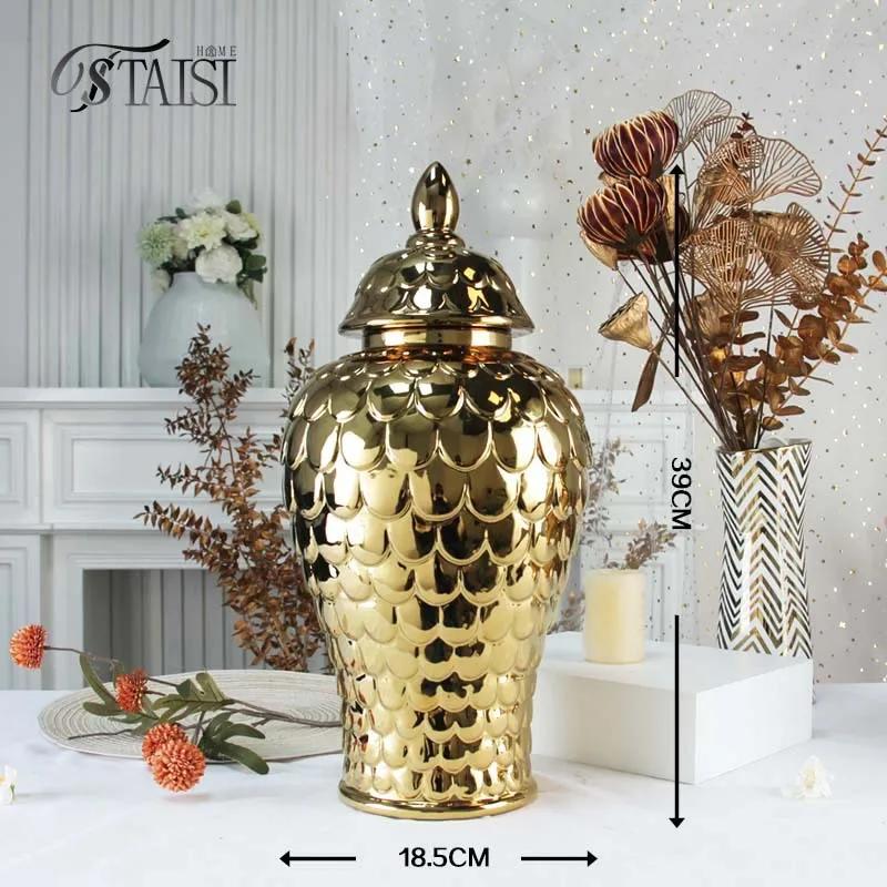 Ceramic General Jar Porcelain Handicrafts Geometric Golden Jar Storage Tank Flower Vase Home Decoration Accessories