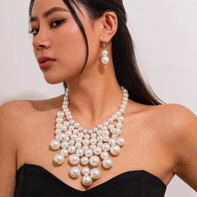 Exaggerated Geometric Pearl Tassel Necklace Set with Multi-Layer Clavicle Chain