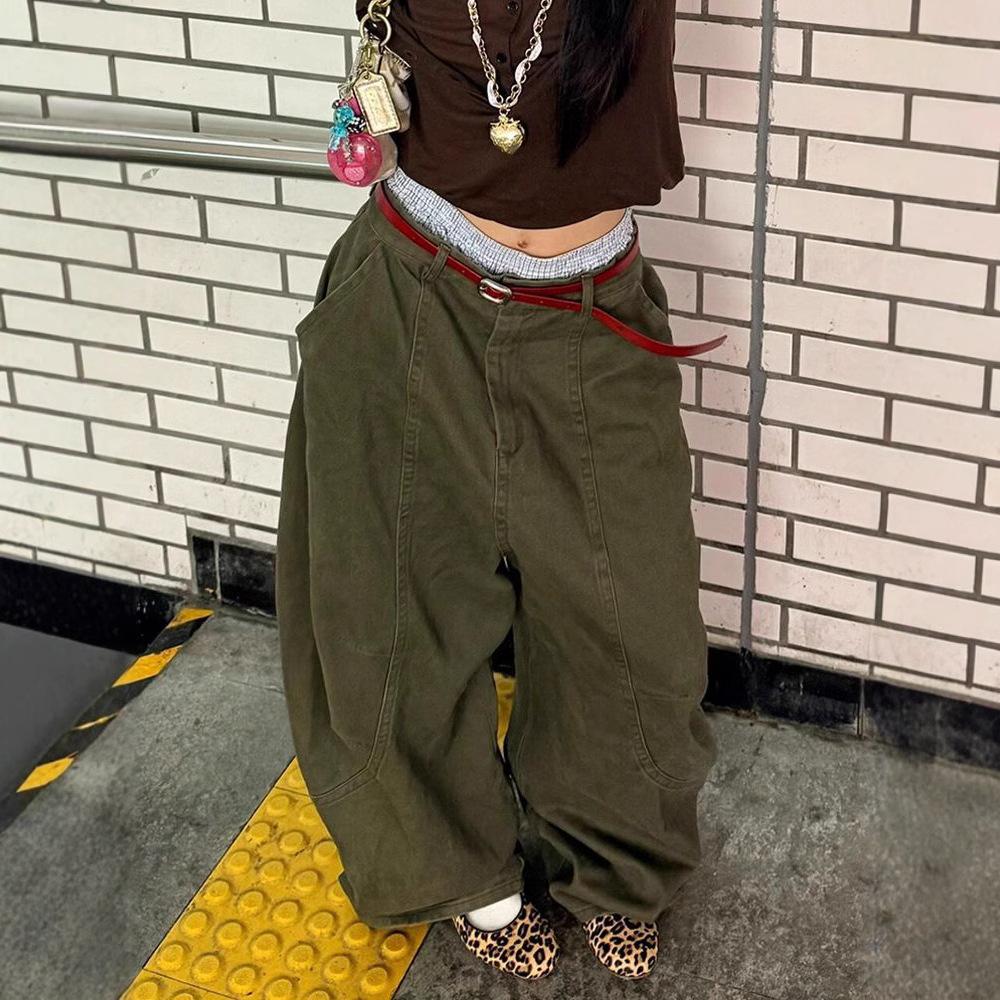 Large Size Retro Military Green Curved Knife Work Pants For Women In Street High-End Relaxed Casual Floor Pants