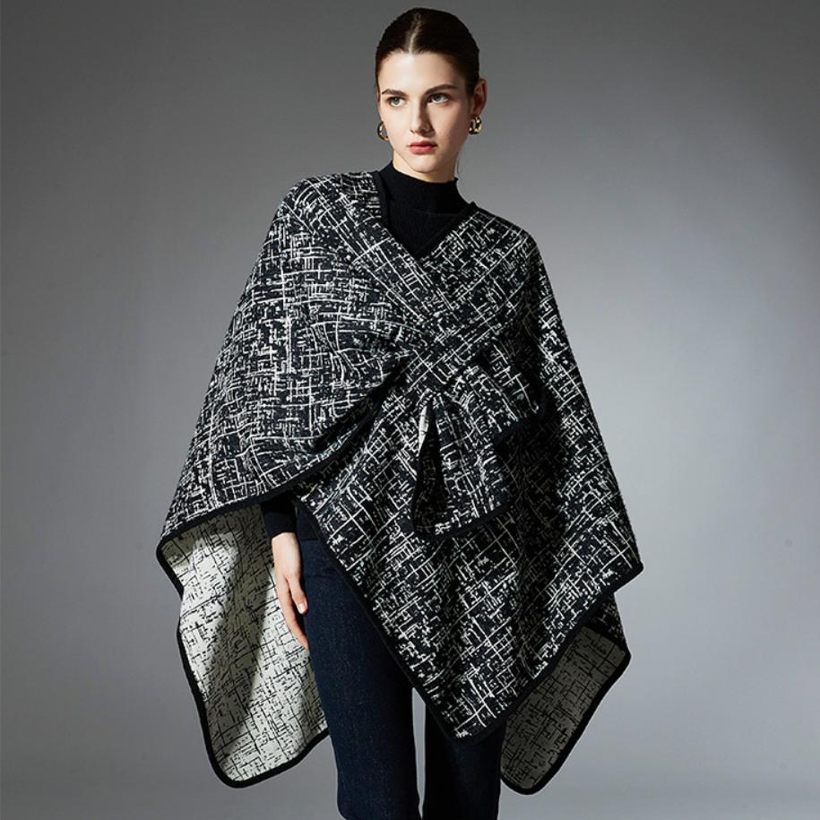 Women Plaid Reversible Poncho Cape Coat Open Front Cardigan Shawl Wrap Warm Thick Knit Shawl for Fall Winter