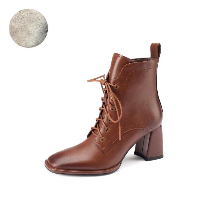 Fashion Autumn/Winter Women Boots Square Toe High Heel Shoes for Women Black Leather Boots Women Lace Up Handemade Shoes Botas De Mujer