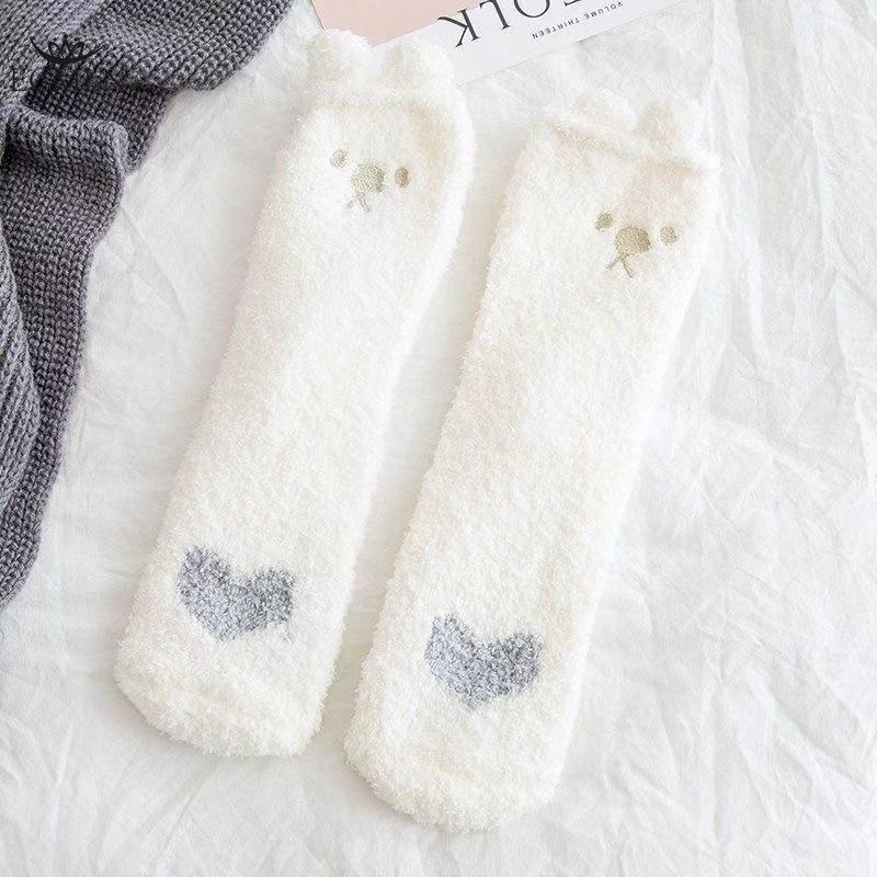 5 Pairs Thick Warm Mid-calf Socks for Womensmall Ear Flaps Socks for Home Autumn/Winter Coral Fleece Socks