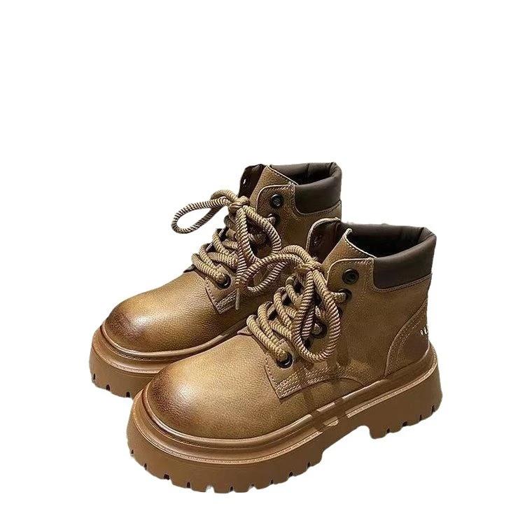 Retro Work Shoes Autumn Winter Thick Bottom High Top Non Slip Warm Casual Boots Leather Lace-up Big Head Tooling Boots