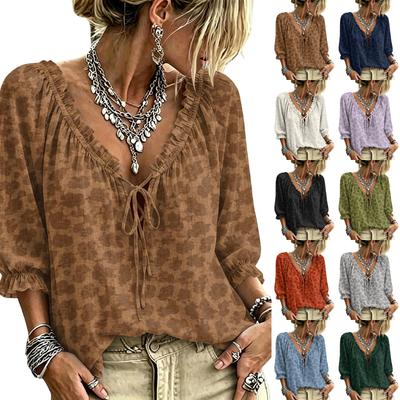 Women's Casual Printed V-Neck Blouse with Ruffle Trim and Tie