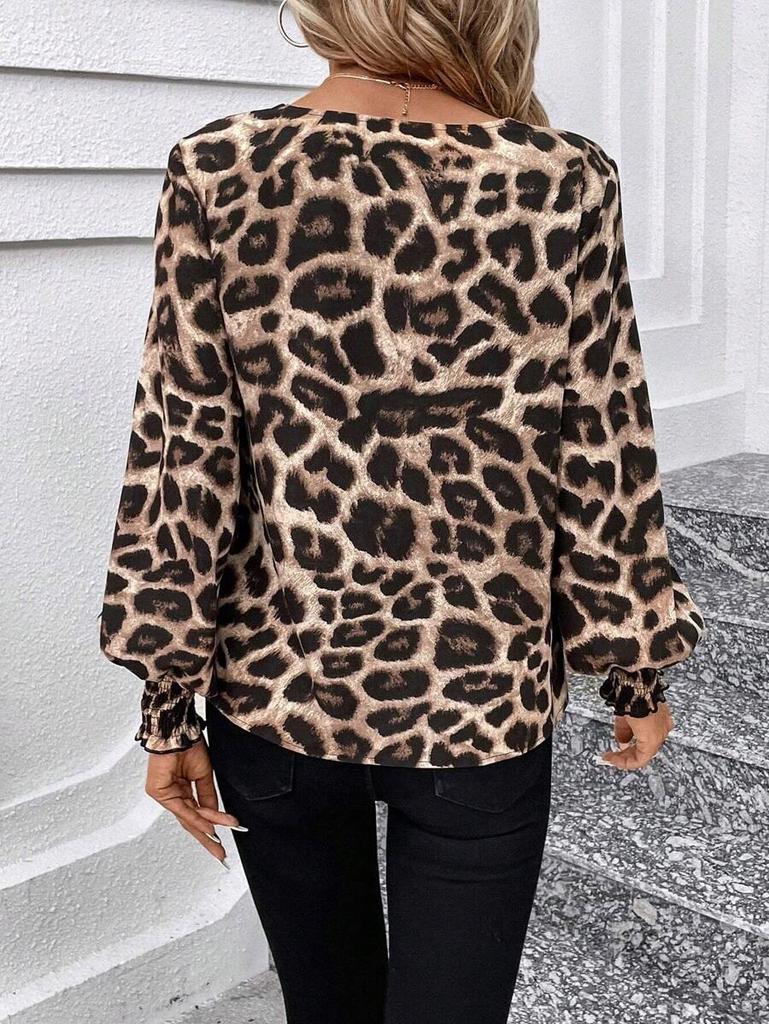 Classic Leopard Print V-neck  Sleeve Long-sleeved Shirt