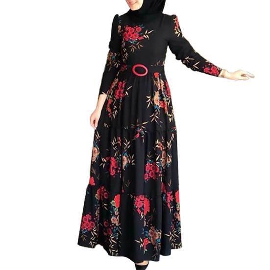 Women Long Sleeve Muslim Abaya Dress Ethnic Floral Print Belt Maxi Kaftan