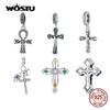 WOSTU 100% Real 925 Silver Cross Charm Zircon Bead Crosses Pendant Fit Original Bracelet DIY Necklace Religion Jewelry