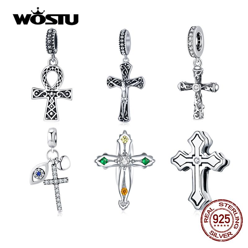 WOSTU 100% Real 925 Silver Cross Charm Zircon Bead Crosses Pendant Fit Original Bracelet DIY Necklace Religion Jewelry