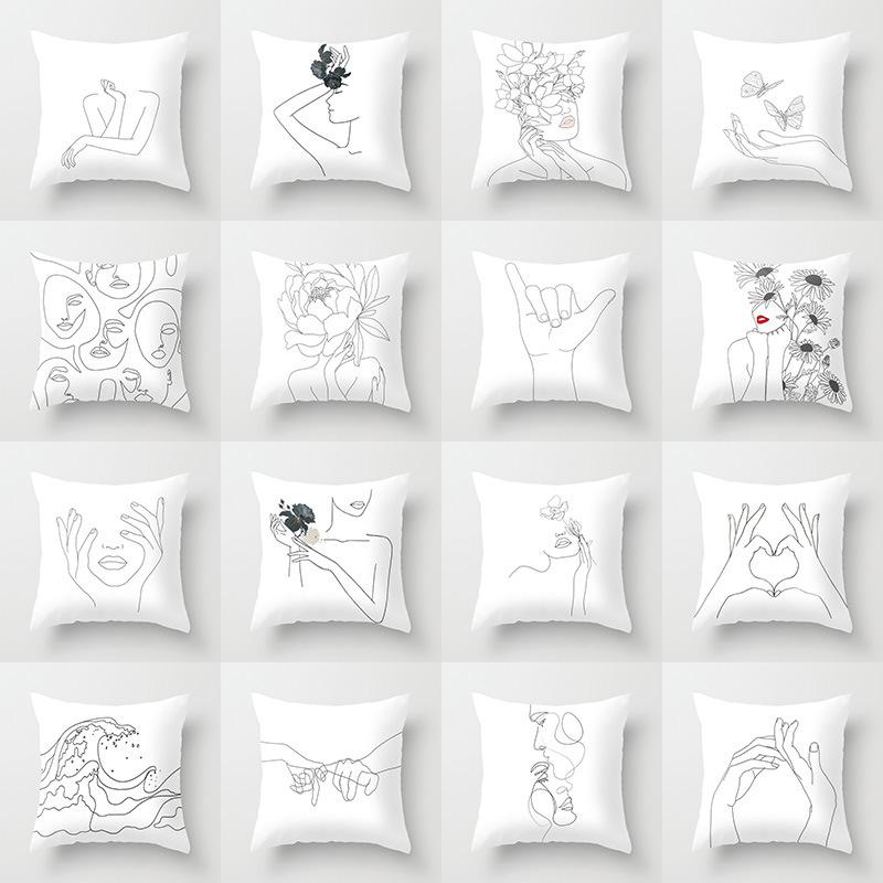 Modern Nordic Cushion Cover Sofa Decor Pillow White Abstract Line Portrait Sketch Polyester Print