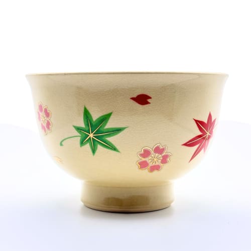 Okadaen Tea Ceremony Practice Set (Tea Bowl/Unkin Design with Cherry Blossom and Maple Leaves, Chasen, Chashaku, Chasen Strainer, Matcha Canister) Beg