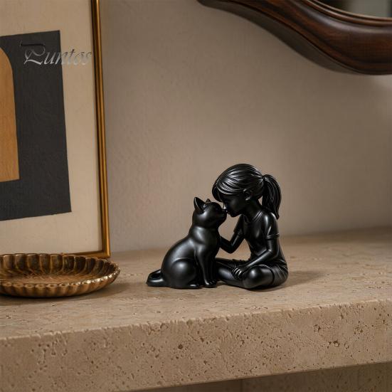 Girl Cat Sculpture 3D Printed and Statue, Cute with Kitty Figurine Resin Desktop Decor, Modern Art High-end Texture Ornament for Home Office