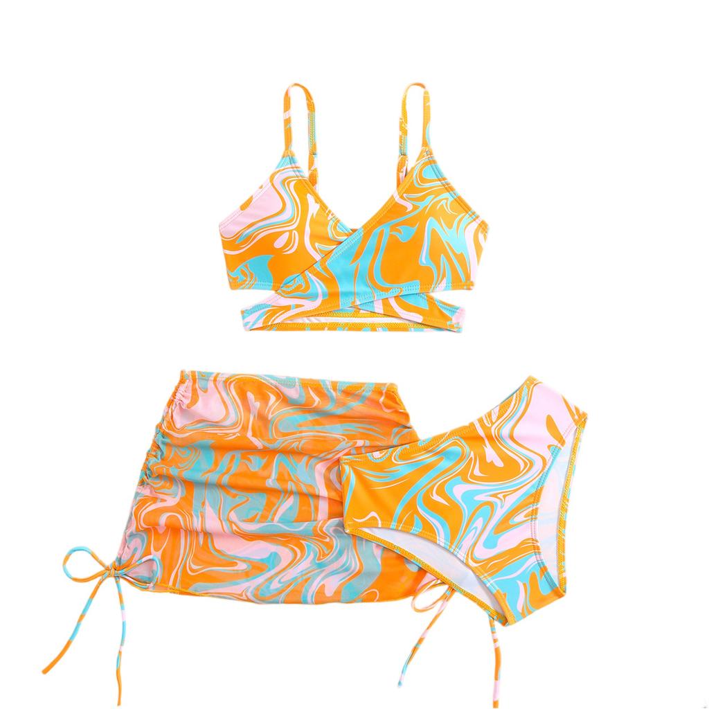Piger To-delt Badedragt Sæt Tre-delt Tankini Bikini med Justerbare Stropper og Skørt Cover-up til Sommer Strand Pool Vandaktiviteter