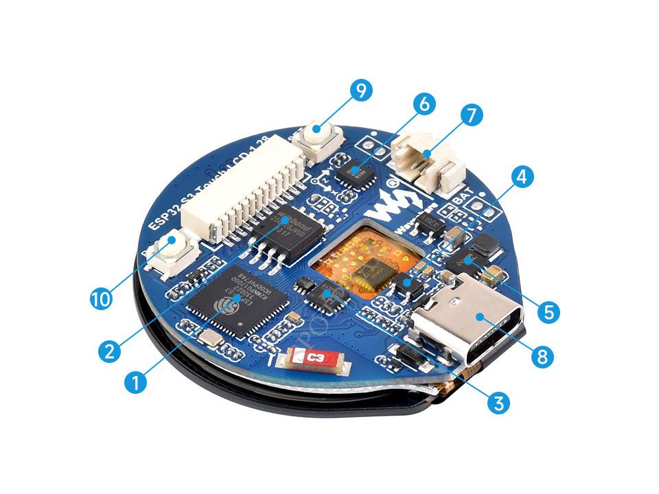 Placă de dezvoltare ESP32-S3 cu ecran tactil circular de 1,28 inch, cu accelerometru și giroscop.