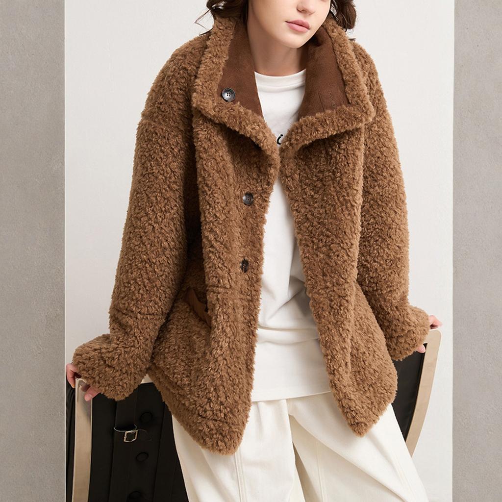 Women's Faux Suede Button Jacket Oversized Gathered Hem Short Length Coat Casual Vintage Outerwear With Pockets