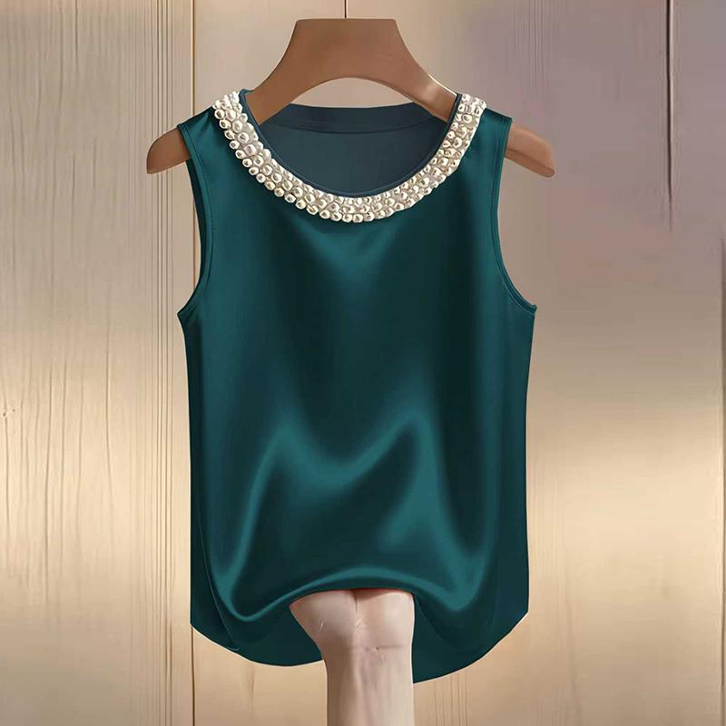 Elegantes Satinhemd Damen Sommer Perlendesign Seidenbluse Damen T-Shirts Lockere Weste Damen Tanktops Damen T-Shirt