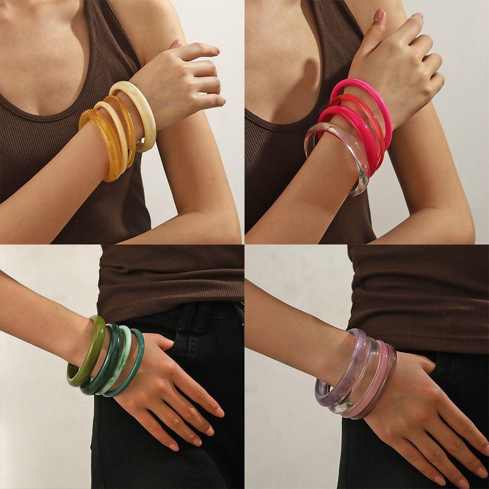 4Pcs/Set Round Stackable Bangle Multicolor Acrylic Cuff Minimalist Resin Bracelet  For Women