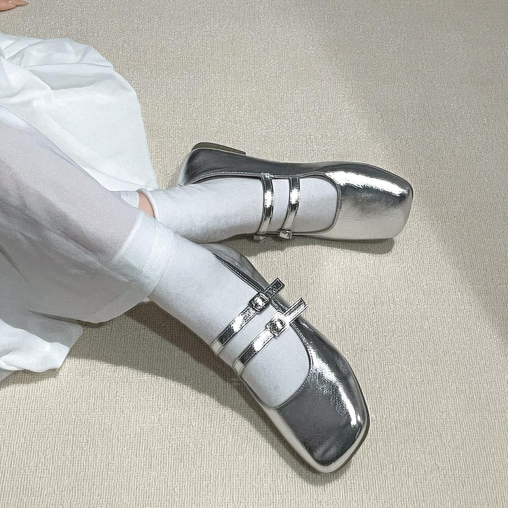 Silver Square Head French Flat Bottom Light Mouth Inner Height Increase Single Shoes Women's Summer 2025 New with Skirt Retro Mary Jane Shoes