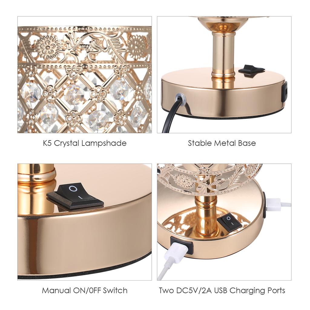 Crystal Bedside Table Lamp Decorative Desk Light with Dual USB Charge Ports Modern Nightstand Lamp for Bedroom Living