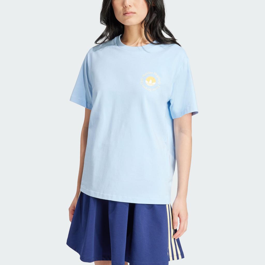 Adidas Originals Letter Print Vintage Soft Crew Neck Short Sleeve T-Shirt Women T-Shirts Sky-Blue IT9831