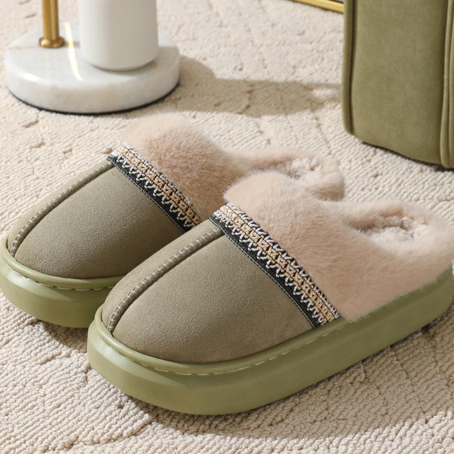 Crestar Fur Plush Women Slippers Indoor Warm Thick Soles Fluffy Female House Slippers Winter Fashion Non-slip Fuzzy Cotton Shoes