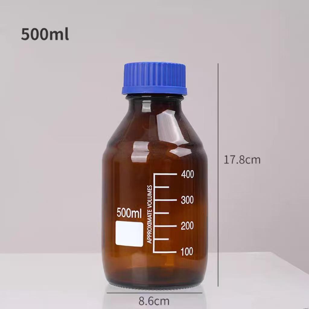 Blue Cap GL45 Threaded Glass Reagent Bottle - Transparent, Brown, Round with Scale, Sealed Sampling Lab Bottle
