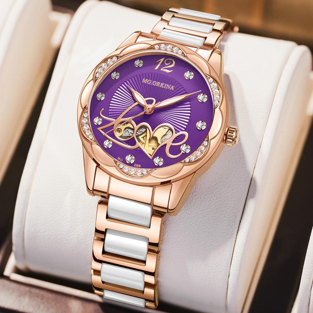 ORKINA Original Purple Women's Wristwatches Luxury Watches for Ladies Waterproof Stainless Steel Mechanical Woman Wrist watch