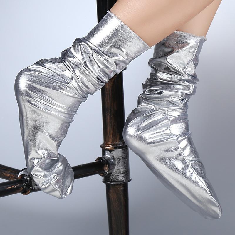 

1 пара кожаных носков, светоотражающие яркие цветные носки, женские носки для ночного клуба, носки для танцев, носки среднего размера, стопка носков серебряный