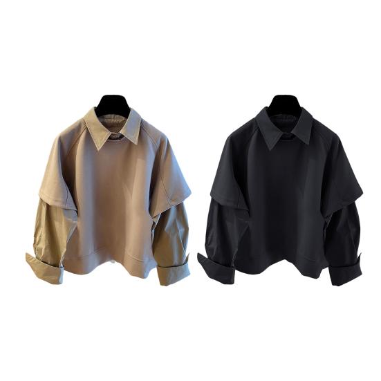 Men Shirt Lapel Long Sleeve Solid Color Splicing Fake Two-Piece Design Pullover Tops Loose Fit Casual Shirt Work Wear