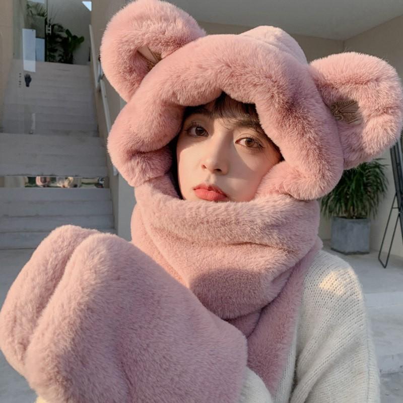 Womens Winter Knit Hooded Hat Scarf Combo With Ear Protection Cute Plush Warm Beanie Outdoor Walking Cycling