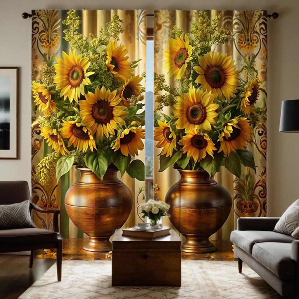 Set Of 2 Hd Digital Curtains Printed Yellow Tied Jar Sunflower Flower Home Decoration Style Decorate Living Room Bedroom Wear Rod Curtain Polyester