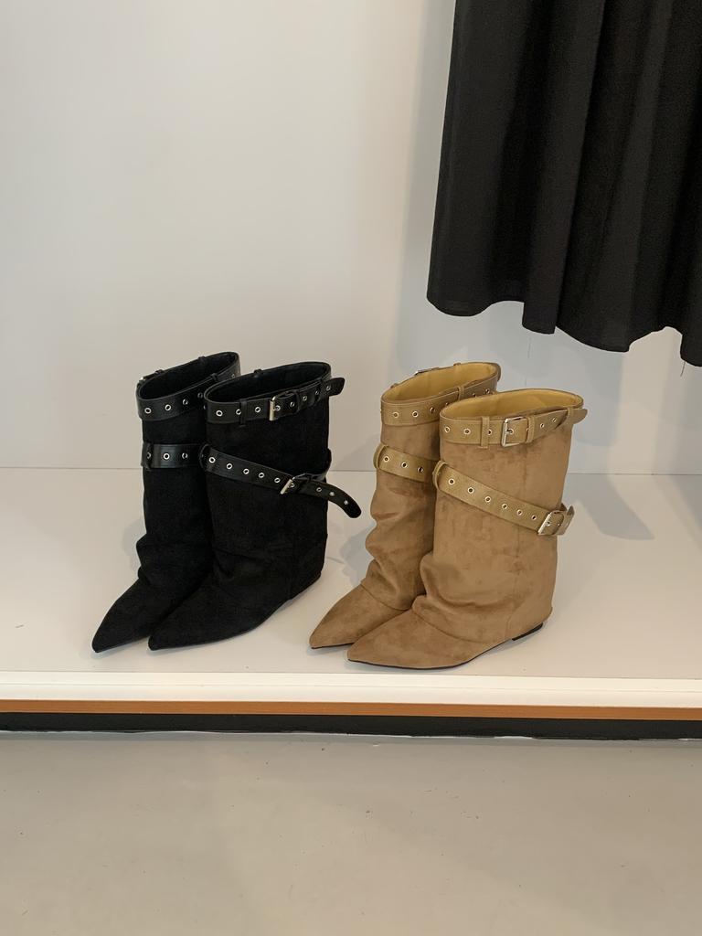 pointed belt buckle suede trouser tube boots women's autumn and winter new niche inner height-increasing medium boots