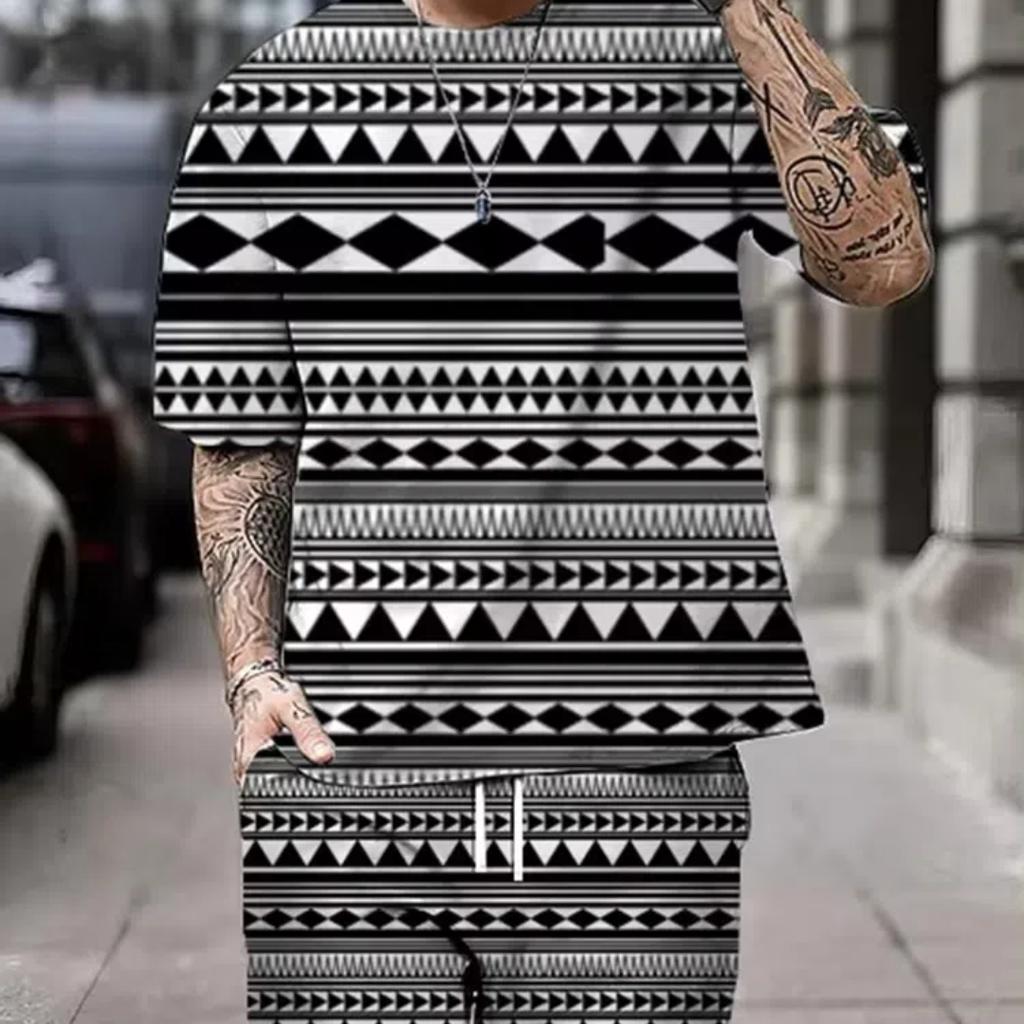 Summer Men's Short Sleeve Shorts Set Street Everyday Casual Men's T-Shirt Outdoor Fashion Loose Shorts Bohemian Print