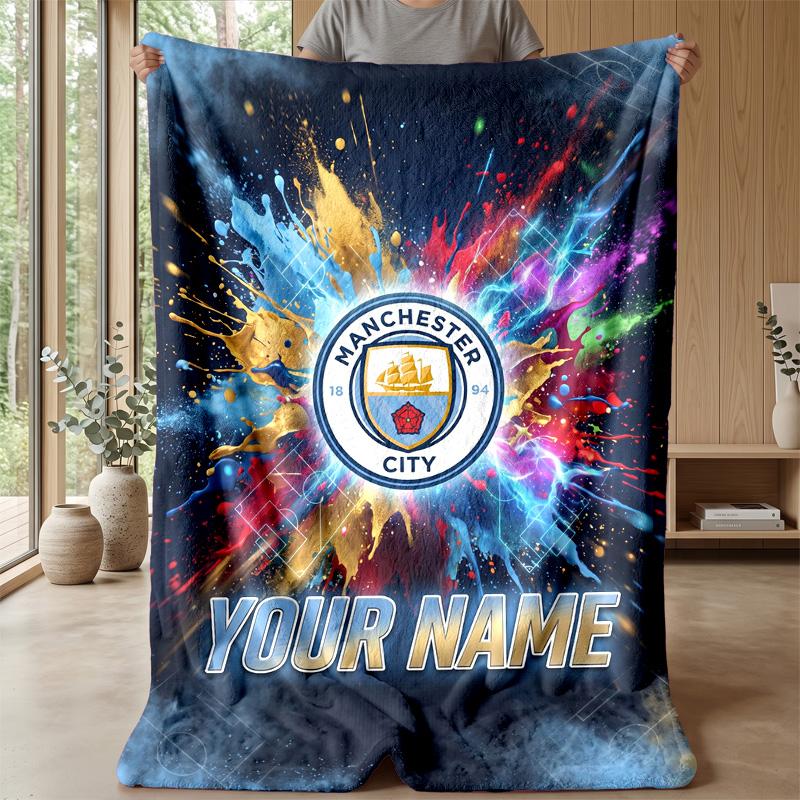 Custom Text Flannel Throw Blanket, Lightweight Cozy Bed Sofa BlanketManchester City